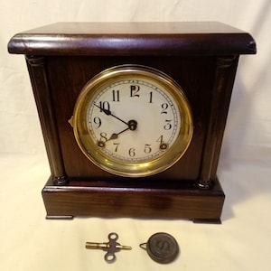 Restored Antique Sessions Brown Oak Mantel Clock, Cathedral Gong and Bell w/ 8 day Time and Strike Movement, Key, Pendulum, Fully Serviced