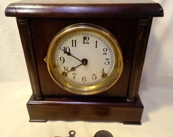 Restored Antique Sessions Brown Black Mantel Clock, Cathedral Gong and Bell w/ 8 day Time and Strike Movement, Key, Pendulum, Fully Serviced