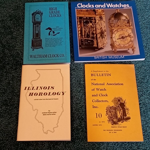 Lot of 4 Watch and Clock books, British Museum, Waltham, Gruen watches history Illinois Horology Elgin, Rockford,  Westclox NAWCC paperbacks