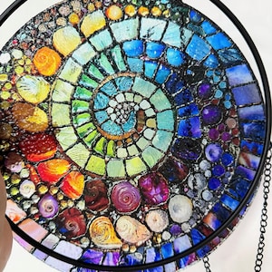 Abstract Rainbow Shell Spiral Suncatcher Stained Glass Coastal Beach Gift