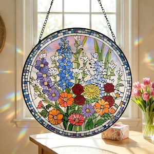 Vitral personalizado com flor de nascimento, ideal para pendurar na janela ou no jardim. Perfeito para presentear mães, avós e avós no Dia das Mães ou em aniversários.