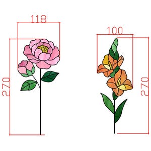 May include: Two floral designs: a pink peony with a bud and an orange gladiolus. The peony is 11.8 cm wide and 27 cm tall. The gladiolus is 10 cm wide and 27 cm tall. Both are outlined in black with green leaves.