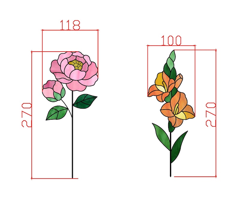 May include: Two floral designs: a pink peony with a bud and an orange gladiolus. The peony is 11.8 cm wide and 27 cm tall. The gladiolus is 10 cm wide and 27 cm tall. Both are outlined in black with green leaves.