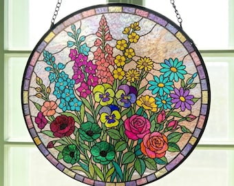 Boho SunCatcher Flower Rainbow Wildflower Stained Glass Art Birth Flower Gift For Grandma/Mama