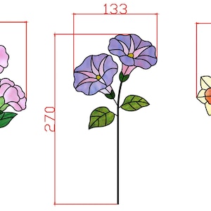 May include: Three stained glass flower designs: a pink carnation, purple morning glories, and yellow daffodils. Each design is approximately 27 cm tall and 13 cm wide, with dimensions marked in red.