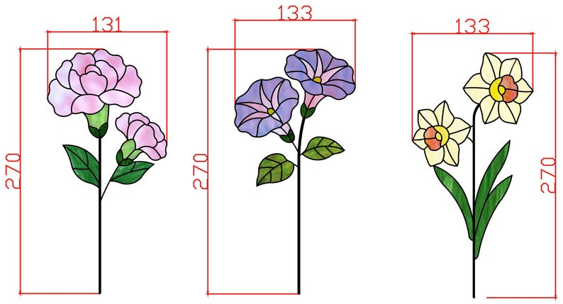 May include: Three stained glass flower designs: a pink carnation, purple morning glories, and yellow daffodils. Each design is approximately 27 cm tall and 13 cm wide, with dimensions marked in red.