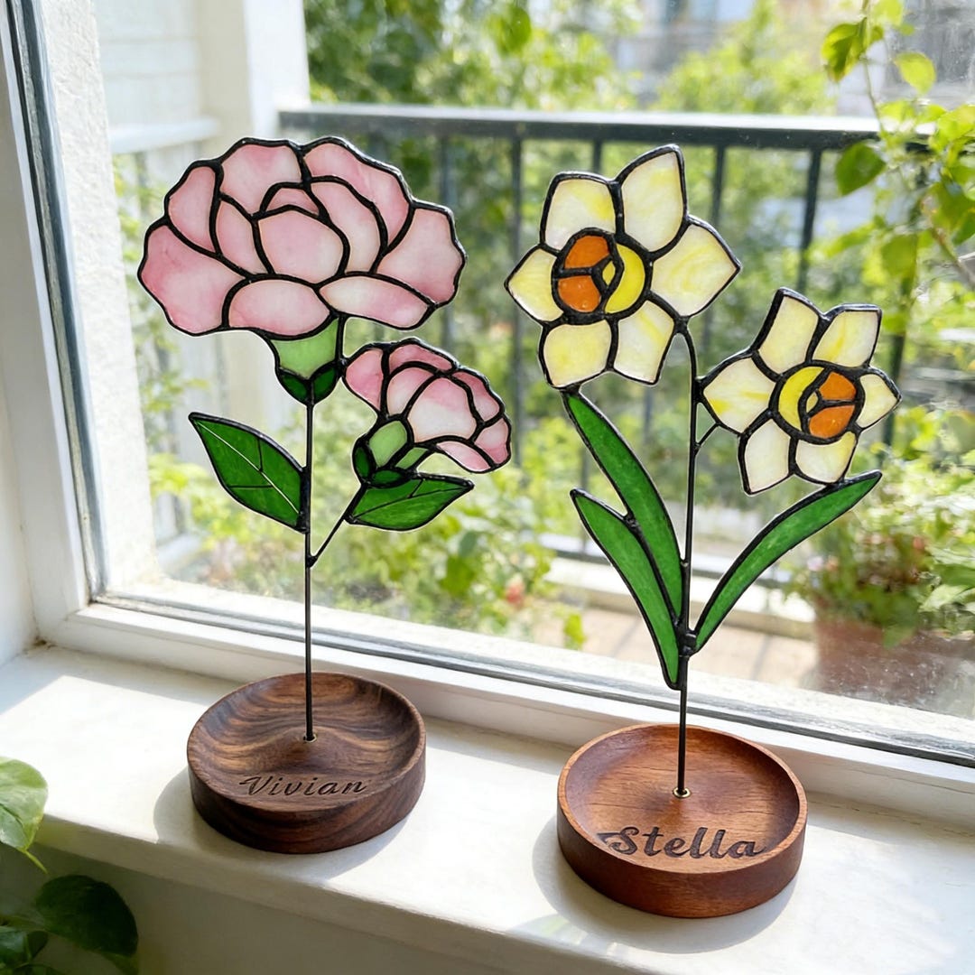 Personalized Stained Glass Birth Flower Plant Stake Handmade Suncatcher Custom Birth Month