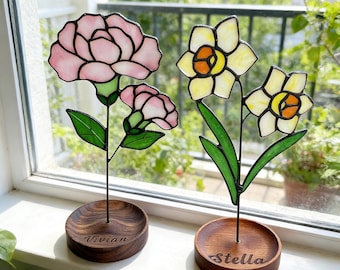 Personalized Stained Glass Birth Flower Plant Stake Handmade Suncatcher Custom Birth Month Mom/Grandma Mother Day Gift Birthday Garden Art