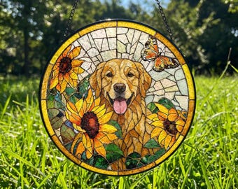Personalized Dog Portrait Suncatcher, Stained Glass Pet Memorial