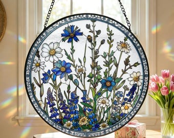 Personalized Blue Wildflower Stained Suncatcher Glass Art：Mom Grandma Garden Decor