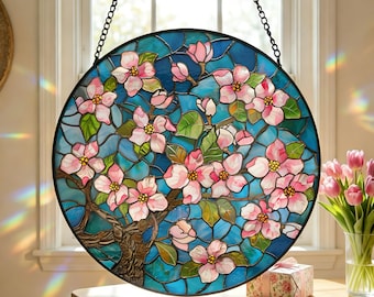 Cherry Blossoms SunCatcher Glass Art Stained Glass Pink Birth Flowers Window Hanging Mum Gift