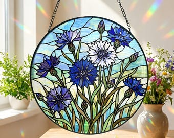 パーソナライズされたコーンフラワーのサンキャッチャー ステンドグラス 青紫の花 ウィンドウハンギング サンキャッチャー お母さんへのギフト