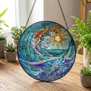 Könnte beinhalten: Runde Glasmalerei mit einer Welle und einer Sonne. Das Mosaik verwendet Blau-, Grün-, Orange- und Gelbtöne. Das Kunstwerk wird von einer schwarzen Kette gehalten und vor einem Fenster ausgestellt.
