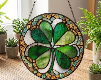 Atrapasueños verde de trébol, vitrales del Día de San Patricio, decoración de ventanas con tréboles, arte de pared