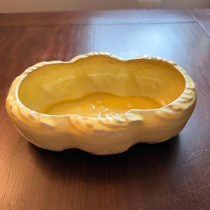 Peut inclure: Un bol en céramique jaune pâle avec un bord festonné en forme de nuage et une finition lisse et brillante. L'intérieur du bol présente une teinte jaune légèrement plus profonde, tandis que les bords extérieurs sont moulés avec une texture douce.