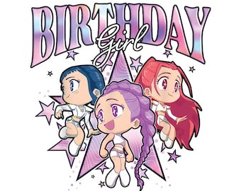 May include: A graphic design featuring three cartoon girls with blue, purple, and red hair, wearing white outfits. The word "BIRTHDAY" is arched above the girls, with "Girl" in cursive. Pink stars and a star-shaped background complete the design.