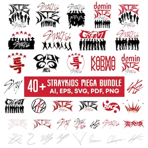 Puede incluir: Una colección de gráficos temáticos de Stray Kids en negro y rojo, que incluyen logotipos, siluetas de personas y texto estilizado. La imagen incluye el texto "40+ STRAYKIDS MEGA BUNDLE" con opciones de formato de archivo.