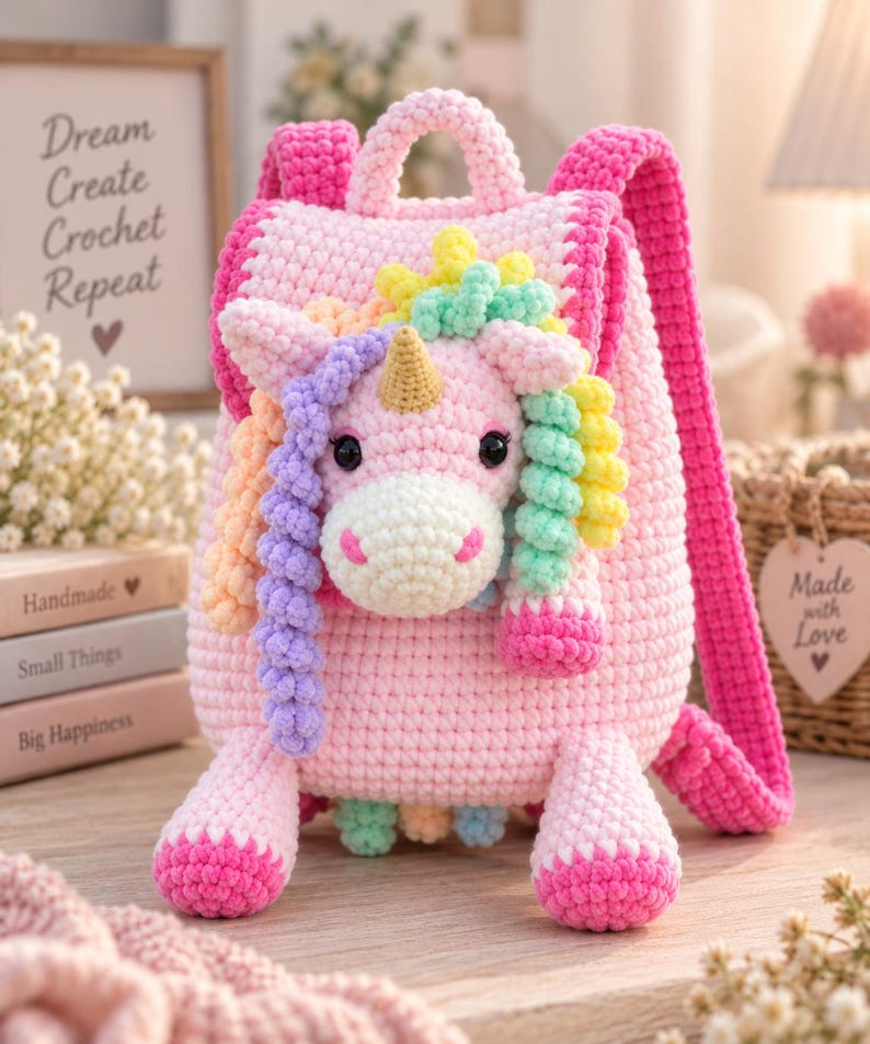 May include: A pink crochet backpack featuring a three-dimensional unicorn head on the front. The unicorn has a gold horn, black eyes, and a multi-colored curly mane in shades of yellow, green, and purple. The bag has two pink shoulder straps.