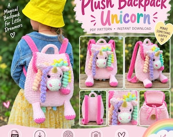 Crochet Unicorn Backpack Pattern PDF, Plush Amigurumi Bag (Instant Download)