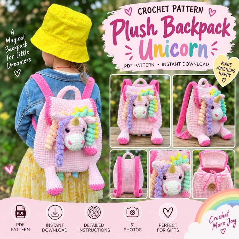 Crochet Unicorn Backpack Pattern PDF for creating a cute plush unicorn-inspired backpack and kids' crochet bag. This digital crochet pattern is perfect for making a handmade unicorn backpack, plush crochet bag, amigurumi-inspired accessory, kids' gift, unicorn lover gift, animal-themed bag, or creative crochet project. Ideal for crocheters looking to create a fun character-inspired backpack for children and unicorn fans. Digital PDF crochet pattern only; no finished physical backpack is included