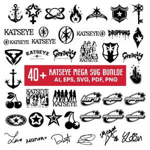 May include: A collection of black and white graphic designs, including stars, anchors, and text. The text includes "KATSEYE," "Gnarly," and names. A red banner reads "40+ KATSEYE MEGA SUG BUNLDE AI, EPS, SVG, PDF, PNG."