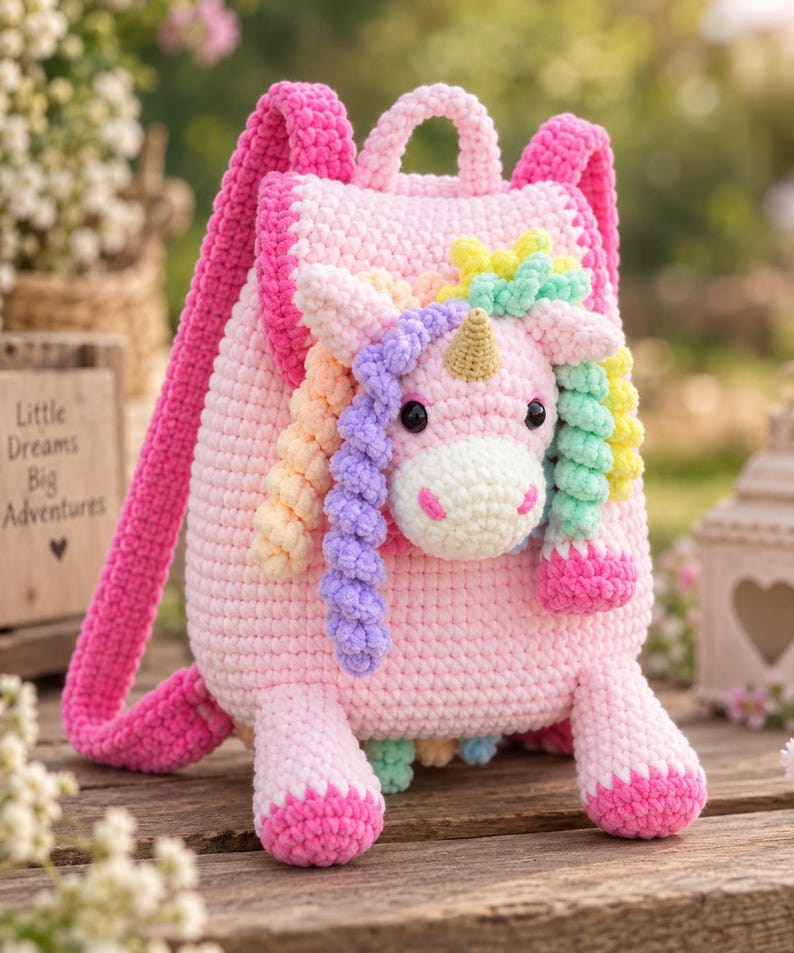May include: A light pink crochet backpack featuring a three-dimensional unicorn head on the front flap. The unicorn has a gold horn, black eyes, and a multi-colored mane in pastel shades of purple, orange, yellow, and green. It has two pink straps.