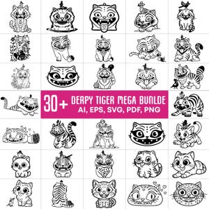 Puede incluir: Una colección de ilustraciones de dibujos animados de gatos y tigres en blanco y negro. Las imágenes presentan diversas expresiones y poses, algunas con sombreros o accesorios. El texto dice "30+ DERPY TIGER MEGA BUNLDE AI, EPS, SVG, PDF, PNG."