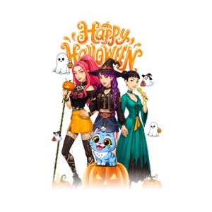 May include: A graphic illustration featuring three characters in Halloween attire with the text Happy Halloween. The characters are accompanied by a small blue cat sitting on a large orange pumpkin, surrounded by small white ghosts and pumpkins.