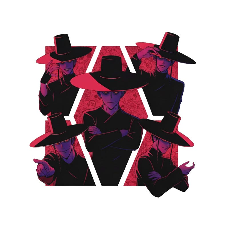 May include: Illustration of five figures in black attire and wide-brimmed hats with red undersides. The figures are arranged in a pentagonal shape against a red floral patterned background, with a white geometric outline.