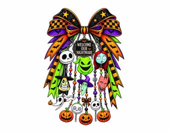 Welcome To Our Nightmare Halloween PNG, Retro Spooky Characters, Coquette Bow Design (Digital Download)