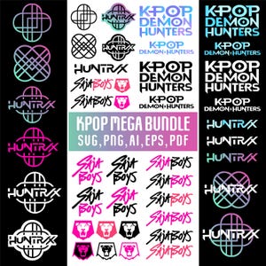 May include: A collection of digital graphics featuring the text "KPOP DEMON HUNTERS", "SAJA BOYS", and "HUNTRAX" in various fonts and colors, including pink, blue, and white. The graphics are available in SVG, PNG, AI, EPS, and PDF formats.