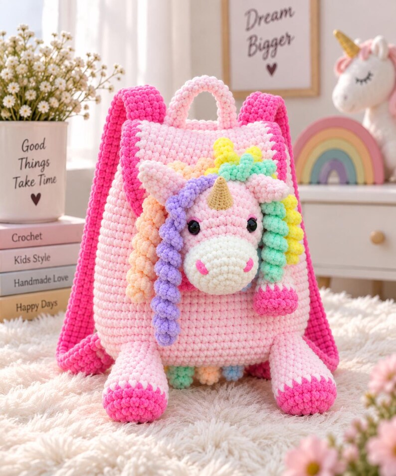May include: A pink crocheted backpack featuring a three-dimensional unicorn head on the front flap. The unicorn has a gold horn, black eyes, and a multi-colored mane in shades of purple, yellow, and green. The backpack has two shoulder straps.