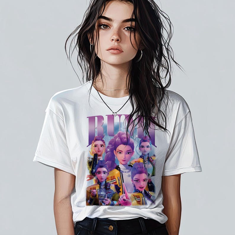 May include: White t-shirt with a graphic of a group of animated women in racing attire, with the word "RUN" in a purple, stylized font. The women have various hairstyles and expressions. The shirt is worn by a person with dark hair.