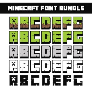 Può includere: Immagine di un pacchetto di font di Minecraft con il testo "MINECRAFT FONT BUNDLE" in alto. L'immagine mostra le lettere dalla A alla G in cinque stili diversi: verde, grigio, bianco e nero, tutti con un design pixelato.