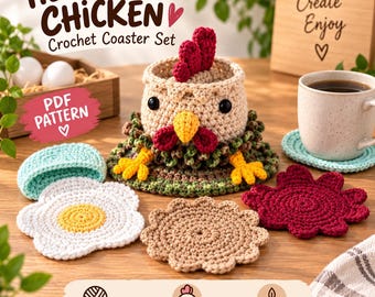 Hennifer Chicken Crochet Coaster Pattern PDF, Rooster Mug Rug Bundle (Digital Download)