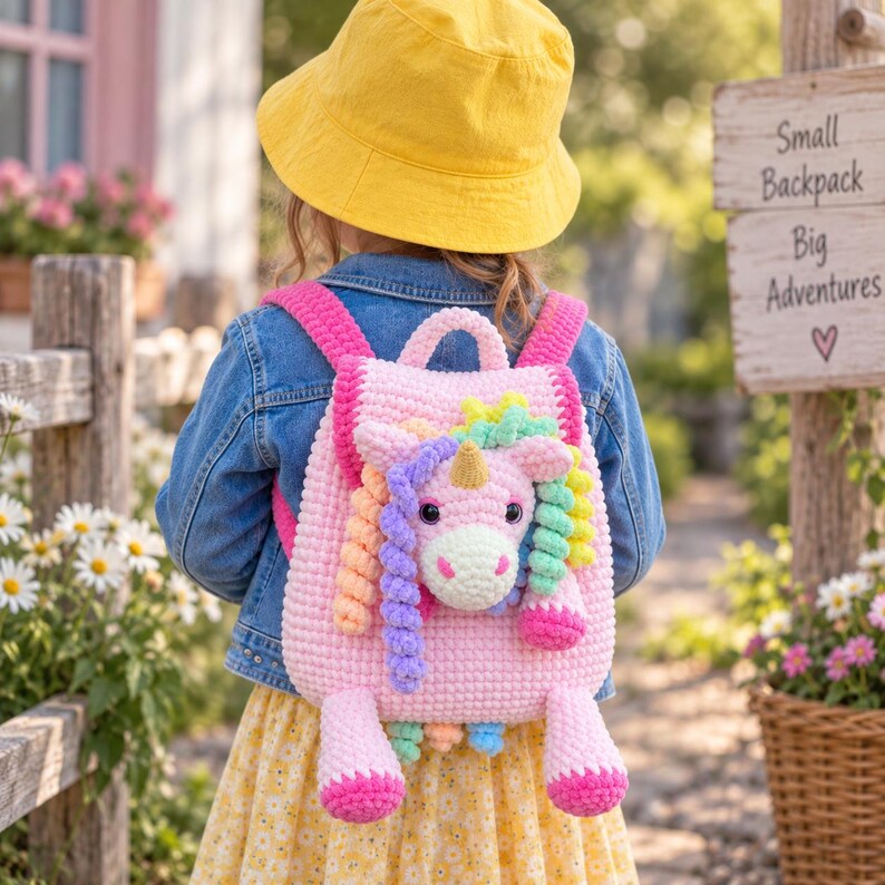 May include: A pink crocheted backpack featuring a unicorn design with a golden horn, a white muzzle, and long, spiraled rainbow-colored yarn hair. The backpack has two pink straps and is worn over a blue denim jacket and a yellow patterned skirt.