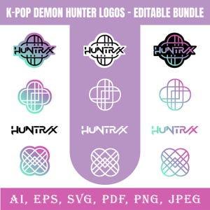 Könnte beinhalten: Eine Sammlung von K-Pop Demon Hunter Logos in verschiedenen Designs und Farben, darunter Schwarz, Weiß und Farbverläufe. Die Logos zeigen den Text "HUNTRAX" und geometrische Formen. Das Bild enthält auch Dateiformatoptionen: AI, EPS, SVG, PDF, PNG und JPEG.