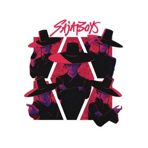 May include: Illustration featuring five figures wearing black outfits and wide-brimmed hats, set against a red floral pattern. The text "SAJA BOYS" is written in red script at the top. The figures are in various poses.
