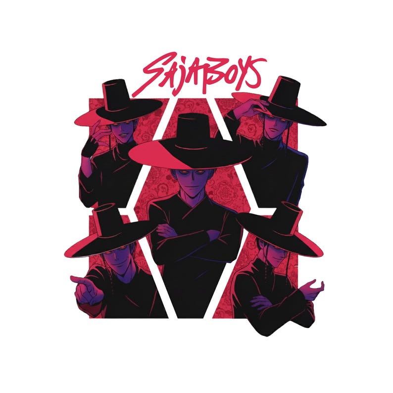 May include: Illustration featuring five figures wearing black outfits and wide-brimmed hats, set against a red floral pattern. The text "SAJA BOYS" is written in red script at the top. The figures are in various poses.