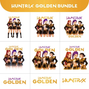 Può includere: Illustrazioni digitali di tre donne in abiti neri e dorati. Il testo "HUNTRIX GOLDEN BUNDLE" è in alto, con "HUNTRIX" e "GOLDEN" presenti anche nelle immagini. Le donne hanno diversi colori di capelli.