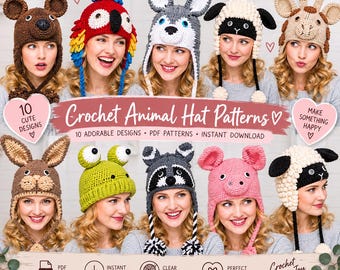 15 Animal Crochet Hat Patterns PDF Bundle, Kids & Adult Beanies, Earflap Hats (Instant Download)