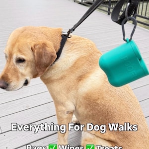 May include: A golden Labrador Retriever sits on a wooden deck, wearing a black collar and leash. A teal poop bag holder hangs from the leash. Text on the image reads "Everything For Dog Walks: Bags, Wipes, Treats."