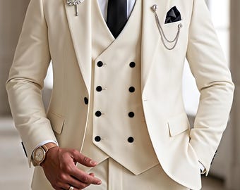 Ivory Cream 3 Piece Suit Men's Slim Fit Peak Lapel Tuxedo for Weddings
