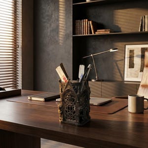 Peut inclure: Un porte-stylo de style gothique aux tons sombres, orné de détails architecturaux complexes, notamment des arcs en ogive et des sculptures de gargouilles. Le récipient cylindrique présente une finition texturée et patinée, contenant des stylos.