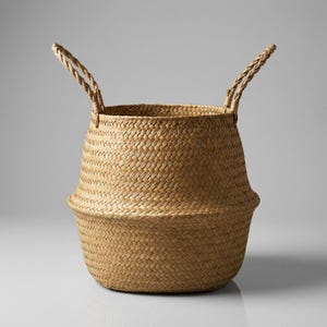 Peut inclure: Un panier tressé de couleur beige avec un corps arrondi et un pli horizontal marqué au milieu. Le panier est fabriqué à partir de fibres naturelles selon un motif à chevrons serré et comporte deux anses tressées robustes vers le haut.