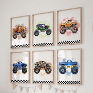 Monster Truck Nursery Wall Art Set of 6, Boy Room Decor, Racing Truck Kids Posters, Toddler Bedroom Prints, Vehicle Theme Wall Art