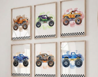 Väggkonst med monstertruck, set om 6, dekoration för pojkrum, posters med racerbil, tavlor för småbarnsrum, väggkonst med fordonstema