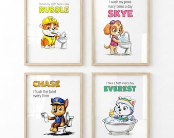 Cute Puppy Bathroom Wall Art Set, Kids Hygiene Posters, Wash Hands Brush Teeth Prints, Nursery Bathroom Decor