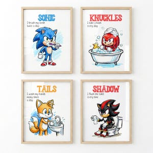 Set of 4 Sonic Bathroom Art Bedtime Chores Routine Instant Digital Prints Download Wall Art Decor Printables