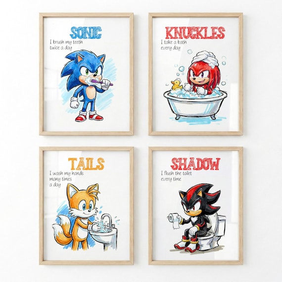 Set of 4 Sonic Bathroom Art Bedtime Chores Routine Instant Digital Prints Download Wall Art Decor Printables